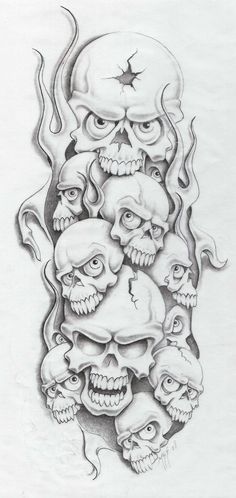 a drawing of skulls with flames coming out of their mouths and the skull is in the middle