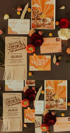 the wedding stationery is laid out on the table