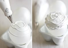 two pictures of an egg being decorated with white icing