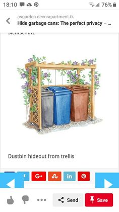 an image of two trash cans in front of a wooden pergole with purple flowers