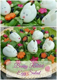 bunny rabbit eggs salad with carrots, blueberries and spinach in the middle