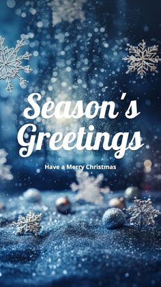 a blue christmas card with snowflakes and the words season's greetings have a merry christmas