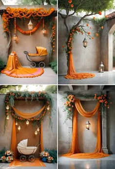 an orange and white baby's carriage is displayed in four different stages of decor