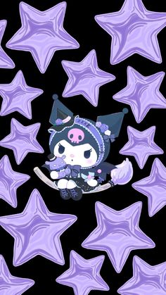 a cartoon cat riding on top of a snowboard in front of purple star shaped stars