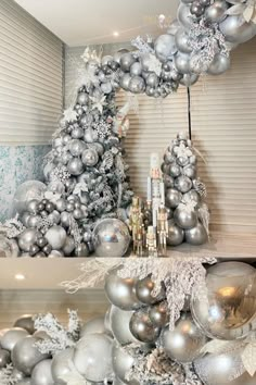 silver and white christmas decorations on shelves