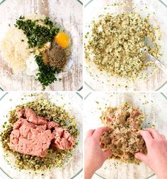 four pictures showing how to make meatballs with herbs and seasonings in a glass bowl