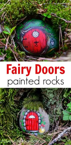 the fairy door painted rocks are an easy and fun project for kids to do in their garden