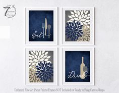 four blue and gold art prints with the words eat, drink, dine on them