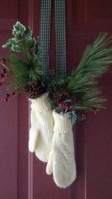 Ash Tree Cottage: Planning The Christmas Porch, mittens instead of wreath , hanging with ribbon. Merry christmas front door Christmas Front Doors, Christmas Planning, Noel Christmas, Christmas Decorating Ideas, Country Christmas, Christmas Deco, Christmas Door