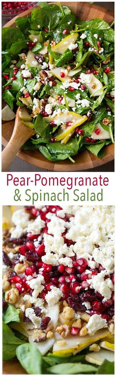 pear pomegranate and spinach salad with feta cheese on the side