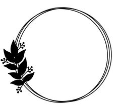 a black and white circular frame with leaves on the top, surrounded by an oval border