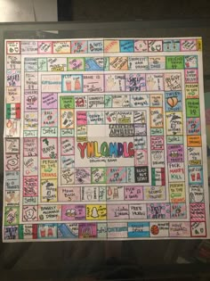 a board game with words written on it and people's names all over the board