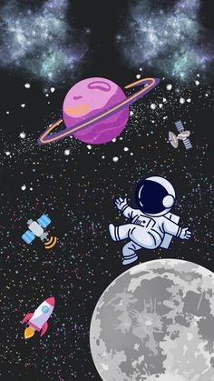 an astronaut floating in space next to the moon and other small objects that are flying around