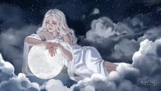 a painting of a woman sitting on top of a cloud filled sky with the moon in her hand