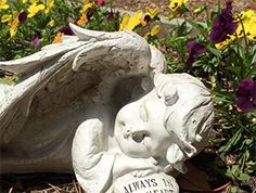 an angel statue sitting in the grass with flowers around it and a sign that says always i'm here