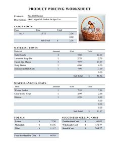 an invoice sheet for a basket with flowers on it and the price list below