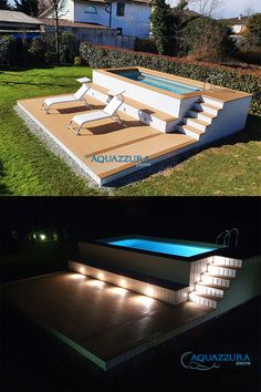 an outdoor swimming pool is lit up at night and in the evening