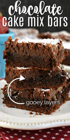 chocolate cake mix bars stacked on top of each other with the words gooey layers below