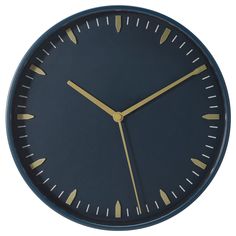 a blue clock with gold hands on a white background