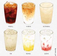 four glasses filled with different types of drinks on top of each other, one containing ice and the other containing liquid