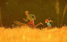 two people are running through the grass in front of some trees and sun flares