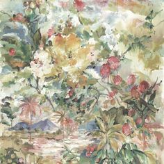 an abstract painting of flowers and trees