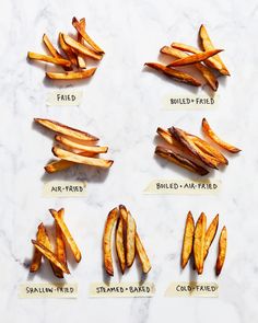 different types of french fries on a marble counter top with labels describing the names of them