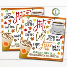 two thanksgiving cards with coffee and fall leaves