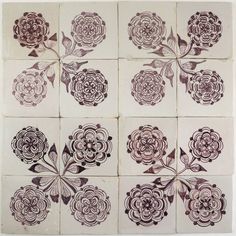 These Delft wall tiles in manganese were made during the 18th and 19th century. Each tile depicts a rose on a stem. Four of them create a small ornament. The tiles are highly decorative and work well in classic and more modern styled interiors. The tiles are available in significant quantities and are therefore interesting to use for many different kinds of tiling projects. The tiles were also made in blue. 
Visit our 'Projects' and 'Scrapbook' for more inspiration! Patterned Wall Tiles, Reclaimed Tile, Dutch Delft, Pattern Tiles, Bathroom Fireplace, Delft Tiles, Dream Furniture, Antique Tiles, Fruit Flowers