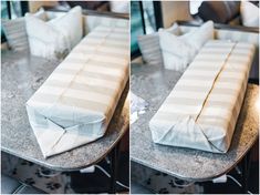 two pictures of the same table cloth folded on top of each other, with one folded in half