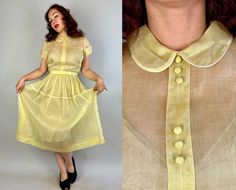 "Have a lovely spring day in this 1940's dress for a lifetime of memories! Made of organdy in butter yellow with white piping on the Peter Pan collar, cuffs, and skirt. It has a fit and flare cut with decorative self fabric buttons on the front and functional flower shaped buttons on the back. Comes with matching slide belt. Labeled \"Lady Alice\". This dress is in great vintage condition, with a couple tiny faint marks in the skirting and no other stains, holes nor odors to note. Please note, s 1940's Dress, Spring Fling Dress, Fabric Buttons, Vintage 40s, 1940s Dresses, Butter Yellow, Spring Fling, Spring Day, Mode Vintage