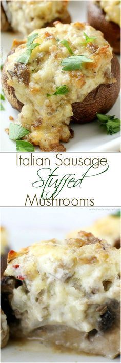 three different images of stuffed mushrooms with cheese and sauces on them, one has been cut in half to show the inside