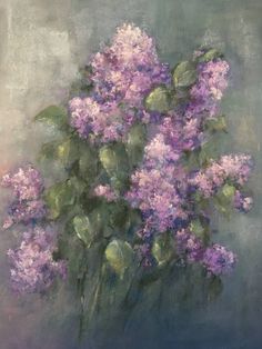 a painting of purple flowers in a vase