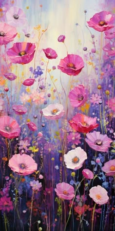 an oil painting of pink and purple flowers