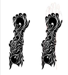 two black and white images of hands with flowers on them