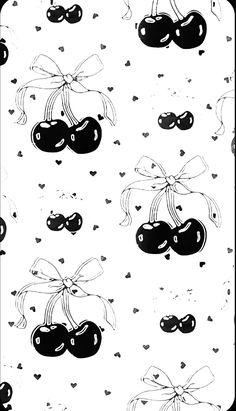 black and white drawing of cherries with bows on them, in the shape of hearts