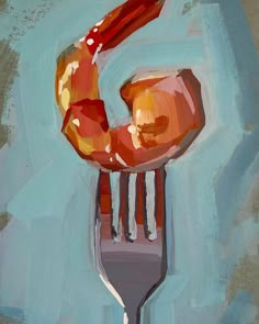 a painting of a fork with food on it