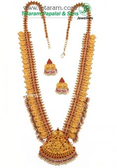 22K Gold '2 in 1' Lakshmi Long Necklace & Drop Earrings Set (Temple Jewellery) - 235-GS1844 in 172.250 Grams Kaasu Mala, Temple Jewellery Necklace, Indian Gold Jewellery Design, Latest Gold Jewellery, Indian Gold Jewelry, 22k Gold Necklace, Temple Jewelry Necklace, Gold Temple Jewellery, Mommy Jewelry