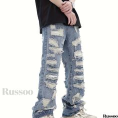 Russoo - Urban Mens Fashion Denim Trousers: Distressed Design with Functional Pockets, Ideal for Casual Wear and Outdoor Pursuits Urban Mens Fashion, Mens Fashion Denim, Comfy Jeans, Mens Fashion Urban, Ripped Denim, Denim Trousers, Casual Fit, Steel Blue