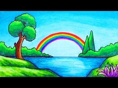 a drawing of a rainbow in the sky over a lake with trees and mountains behind it