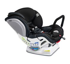 the child's car seat is black and white