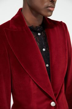 Made of irresistible soft Italian #velvet 100% #cotton this gorgeous @NevroBlazer is masterfully tailored with wide peak #lapels . This rich Nobility ladylike #burgundy #blazer will seriously upgrade your look. It is single breasted with two buttons fastening and four buttonholes on each cuff . The interior is fully lined with one buttoned right breast pocket while the back has a single vent. We like it with navy trousers and a white shirt. Luxury Tailored Burgundy Outerwear, Formal Velvet Blazer With Button Closure, Velvet Single Button Blazer With Notch Lapel, Luxury Burgundy Notch Lapel Outerwear, Luxury Velvet Single-button Blazer, Women's Blazer