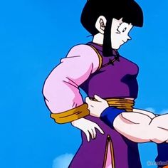 an animated image of a man in purple and blue clothes with his hands on his hips