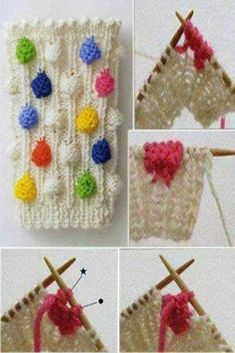 four pictures showing how to crochet an object with yarn and buttons on clothes pins