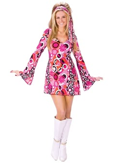 PRICES MAY VARY. 100% polyester jersey knit fabric Deep V-neckline Flared sleeves Hair tie is same fabric as dress, tie as desired Psychedelic pink, white, & red all-over print Groove to the beat of your favorite retro songs in this Plus Size Feelin Groovy Dress. This is a very colorful costume that will attract attention your way. Make this costume your own by adding the appropriate accessories and a pair of white go-go boots. 70s Fancy Dress, Disco Party Outfit, Look Disco, 60s Costume, Apple Costume, 70s Costume, Gogo Dress, Disco Costume, Feelin Groovy