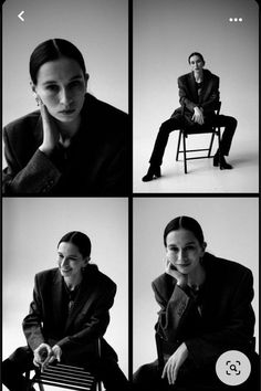 black and white photos of people in suits sitting on chairs, posing for the camera