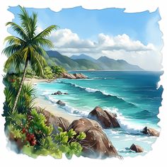 an image of a tropical beach scene with palm trees and rocks in the foreground