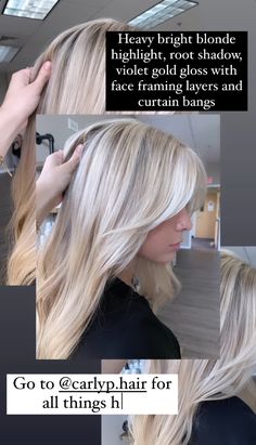 Bright Blonde Curtain Bangs, Blonde Hair With Face Framing Highlights, Blonde Face Framing Highlights, Bright Dimensional Blonde, Blonde Curtain Bangs, Face Framing Highlights, Blond Hairs, Blonde Hair Goals, Blonde Hair With Roots