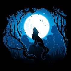 a wolf sitting on top of a tree in front of a full moon