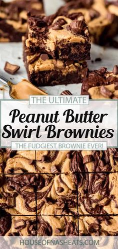 peanut butter swirl brownies stacked on top of each other with the title overlay